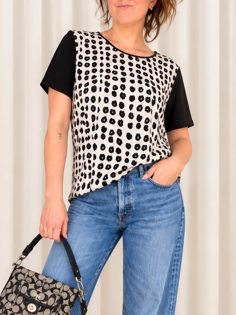 CHAUS New York Black & White Polka Dot Animal Print Top L